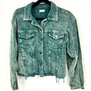 POL Green Corduroy Distressed Cropped Denim Raw Hem Jacket Womens Size Medium